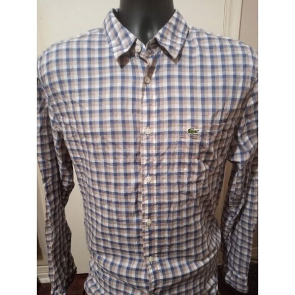 Lacoste Shirt Mens Large L Size 42 Button Down Brown Blue Plaid Croc Logo Preppy - Picture 1 of 11